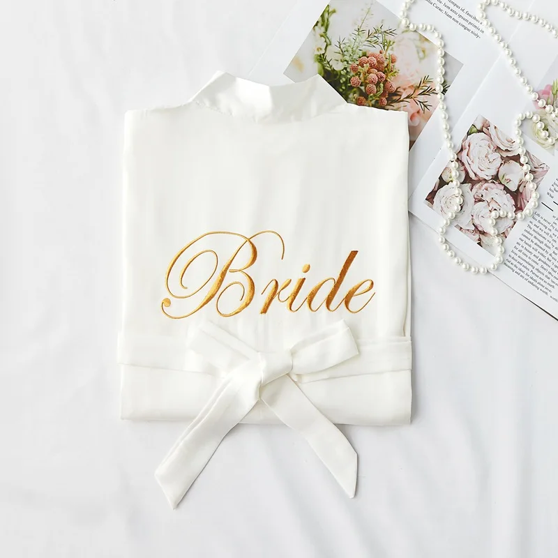 bride 2 Изысканное вышитое буквенным принтом свадебное платье подружки невесты кимоно сексуальное короткое ночное белье повседневное атласное шелковое женское ночная рубашка - Цвет: bride 2
