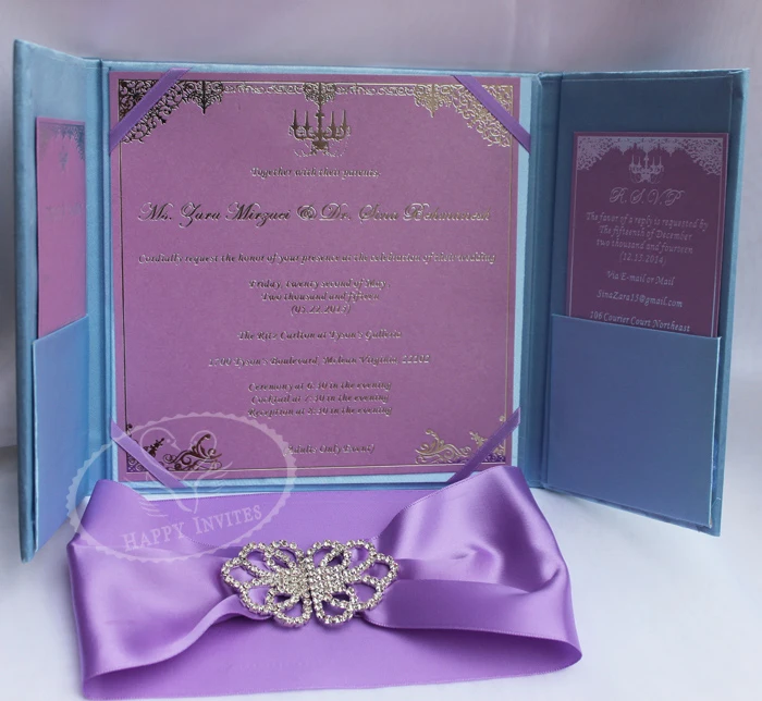 HI2003-42 Custom Light Blue Silk Folio Wedding Invitation with Purple ribbon Silver Foiling Writing More Colors Available Factory Price