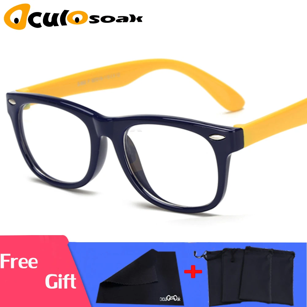 Безопасный силиконовый Дети прозрачные очки для мальчиков и девочек очки с гибкой оправой оправа для детских очков оправа для корригирующих очков для детей - Цвет оправы: navy yellow
