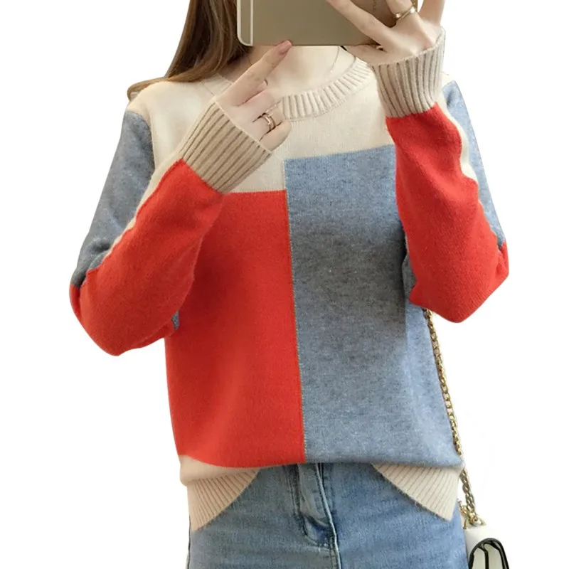 Women Sweater Patchwork Contrast Color Sweater Women Long Sleeve Sweaters Pullover Knitted Jumper Lady Sweaters Female