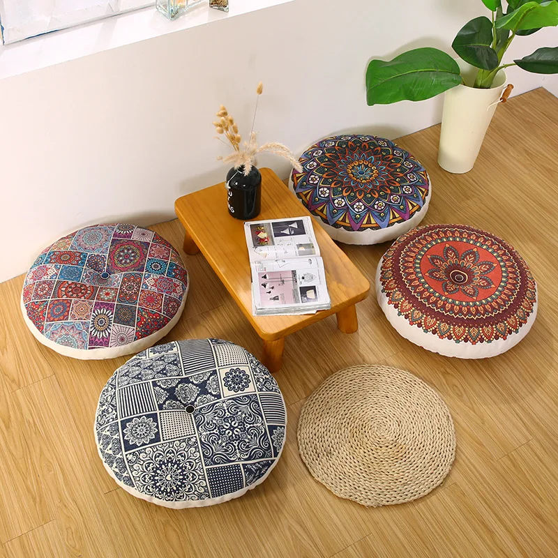 

Japan Floral Cushion Seat Coccyx Orthopedic Pad Round Hassock Ethnic Futon Pouf Thickened Floor Mat Chair Back Cushions 50/60cm