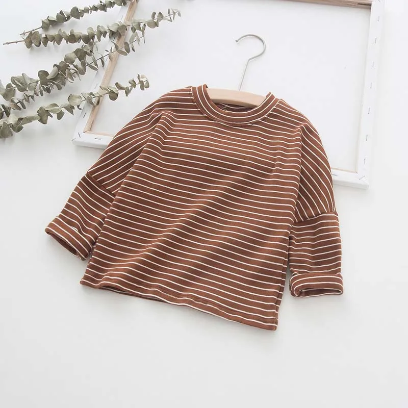 brown white striped Полосатая футболка для девочек коллекция года, осенняя футболка с длинными рукавами для девочек детские футболки из хлопка, детские футболки Мягкие Рубашки для маленьких девочек Одежда для девочек - Цвет: brown white striped
