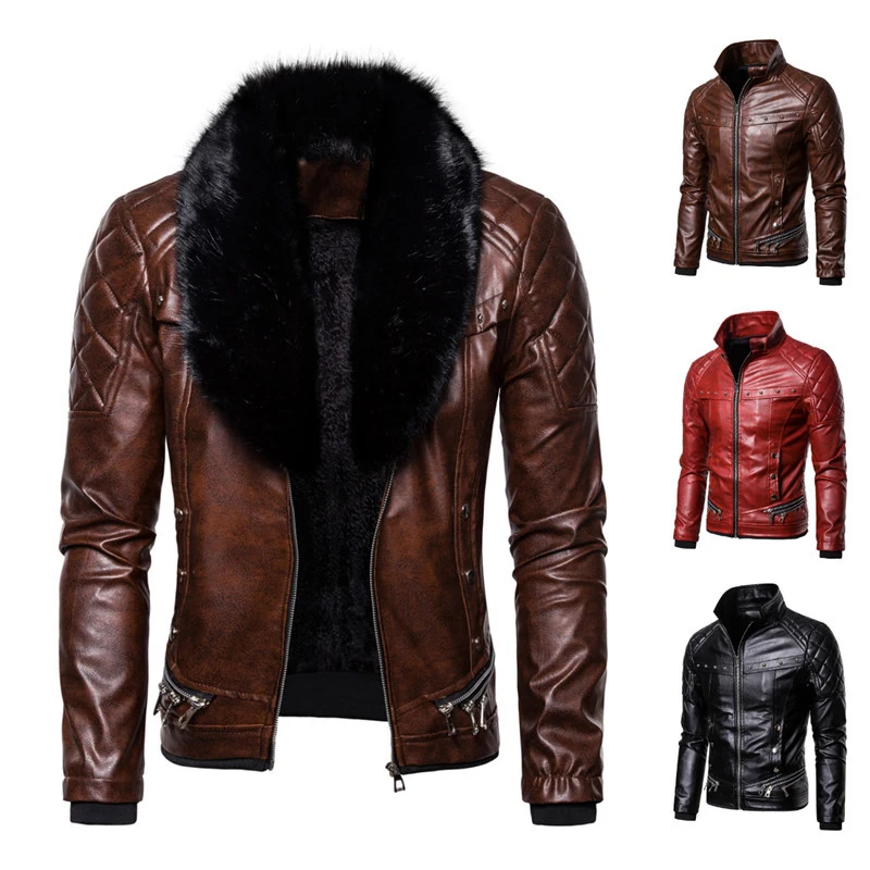ABOORUN Mens Punk Rivet Zipper Leather Jacket Detachable Fur Collar Red Black Slim Motorcycle Biker Thicken Leather Jacket R2938 3