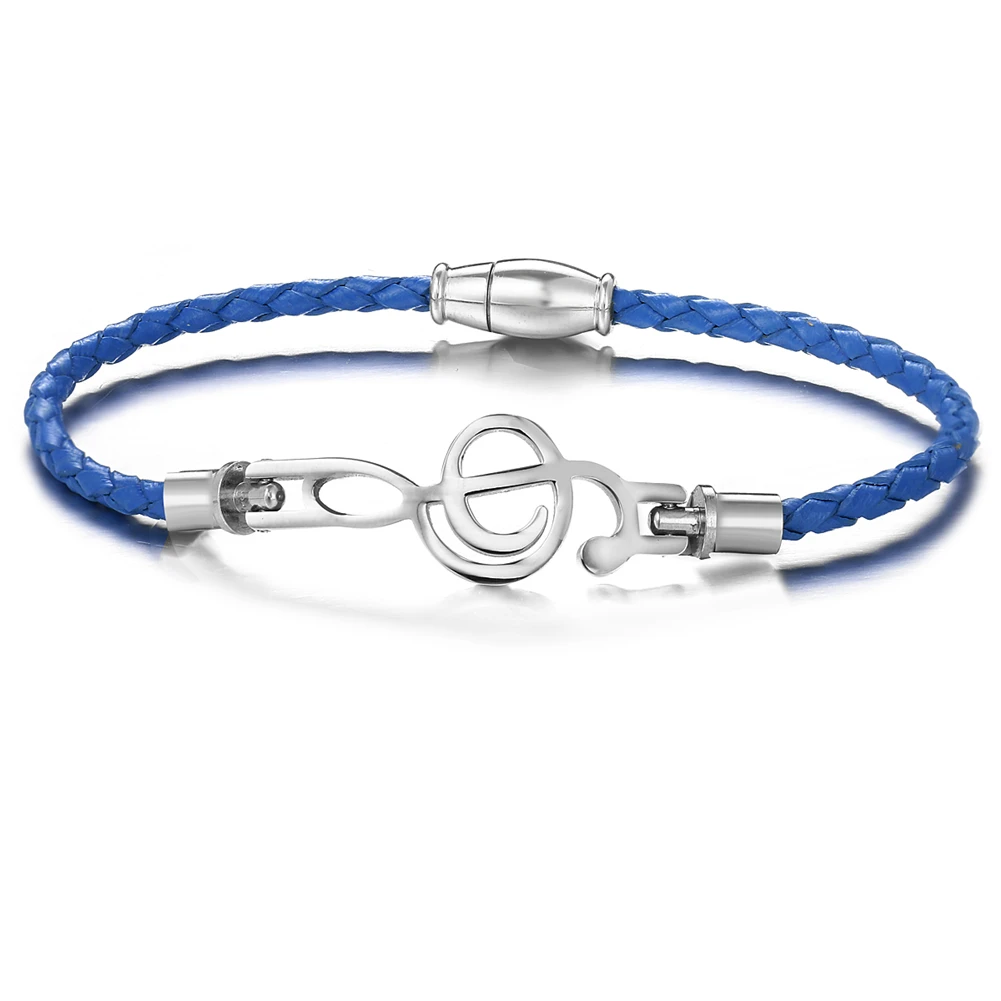 sea blue Очаровательные ювелирные изделия из нержавеющей стали, плетеный кожаный браслет с музыкальным символом, винтажные титановые стальные магнитные браслеты-манжеты для женщин - Окраска металла: sea blue