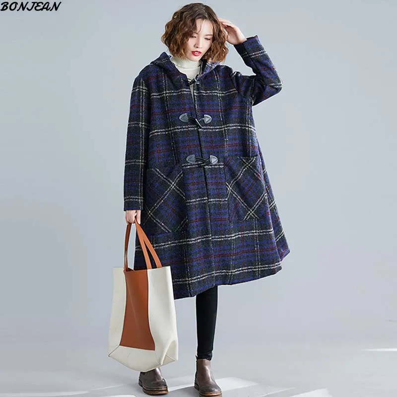 Утолщенные весенние женские пальто Зимние новые клетчатые с капюшоном толстые шерстяные размера плюс свободные винтажные с длинным рукавом Повседневные Пальто