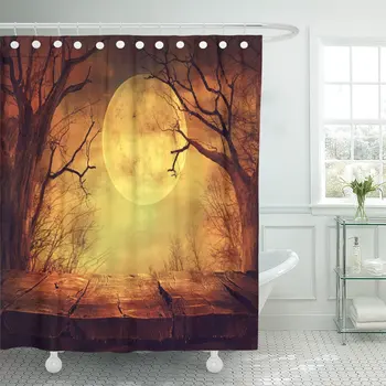 

Orange Halloween Spooky Forest Full Moon and Wooden Table Bathroom Curtains Waterproof Polyester Fabric 72 x 78 inches Set