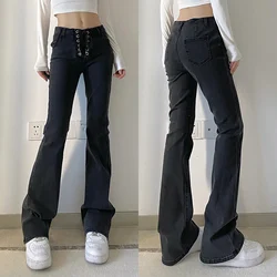 Feminino primavera outono casual jeans preto cintura baixa bandagem denim queimado calças com bolsos