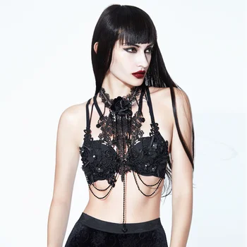 

EVA LADY Women's Gothic Lace Hollow Out Flower Decoration Sexy Party Stage Harness Short Novelty Camis