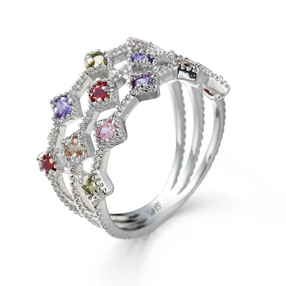 

2019 new fashion 925 sterling silver Rings women wedding three layers colorful Cubic Zircon Luxury bridal Plata bride jewelry