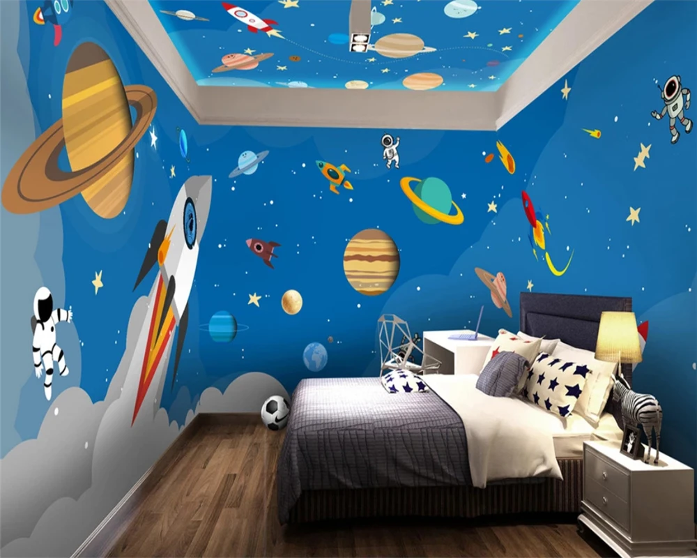 beibehang 2019 Custom children's fashion hand painted blue theme space whole house background wallpaper papel de parede tapety