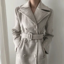 Женское новое шерстяное Модное Длинное клетчатое пальто с поясом офисное Женское пальто Блейзер Пальто