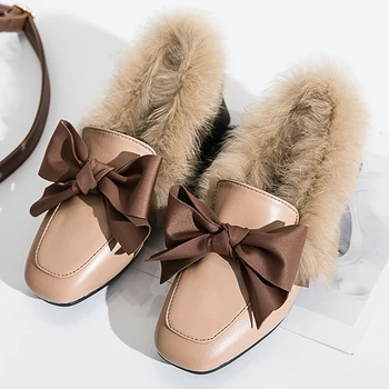 

Women Shoes Convenient Slip-on Fashion Personality Butterfly-knot 2020 Autumn Lovely Rabbit Fur Shoes Comfortable Ladies Shoes