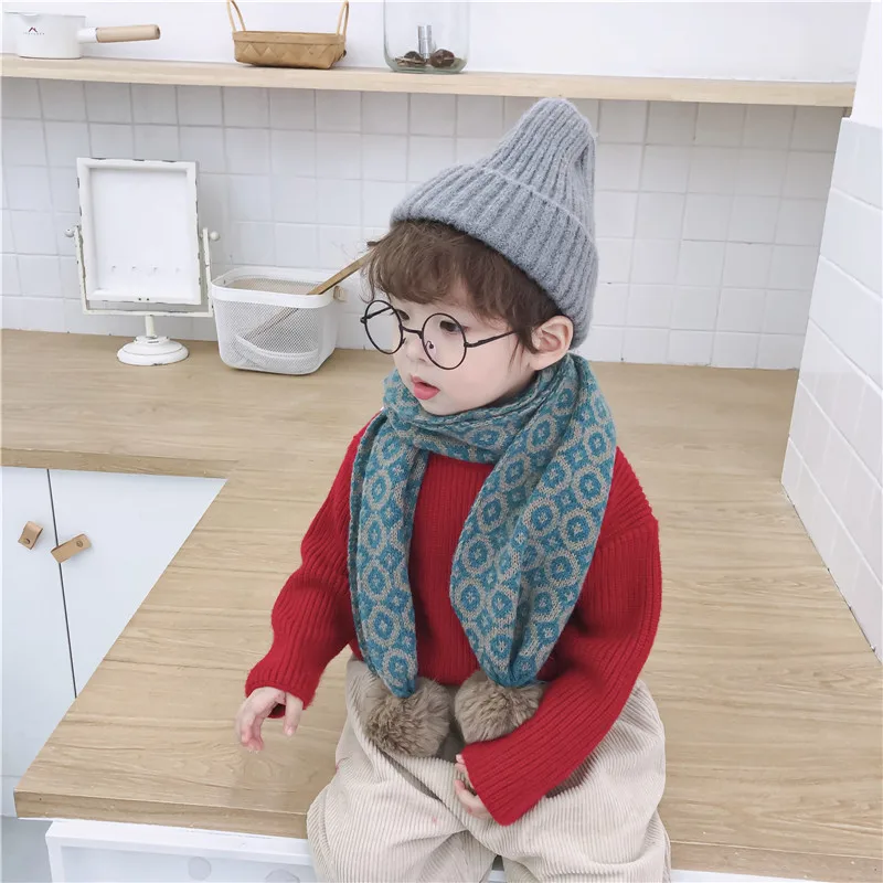 Korean Fashion Vintage Floral Print Winter Scarf Children Fur Ball Cute Knitting Warm Snood Children Neck Scarf Streetwear Shawl