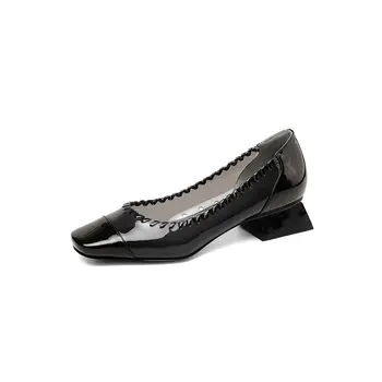 

New Classic sqaure Toe Low Heels Women Pumps Solid Hollow Genuine Leather Shallow Slip on Casual Shoes Office Shoes Woman