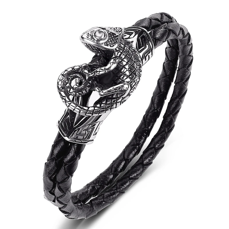 

Double Genuine Leather Bracelet Men Stainless Steel Lizard Braided Bangles Punk Hip Hop Party Jewelry Male Wrist Band Gifts P547