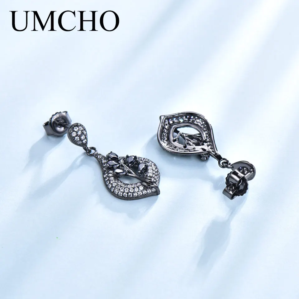 Cena UMCHO 925 srebro klipsy dla kobiet Nano czarny kamień elegancka biżuteria zaręczynowa walentynki prezent