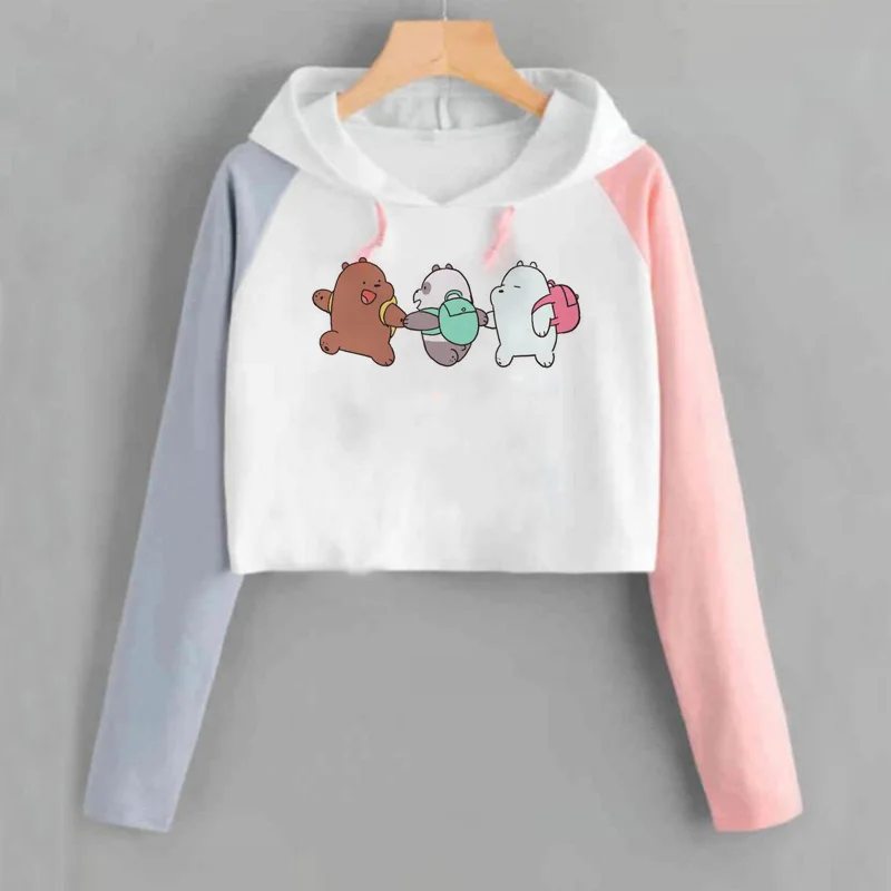 Harajuku Kawaii Толстовка Для женщин со смешными героями из мультфильмов мы вся правда о медведях худи укороченный Повседневное пуловер с длинными рукавами короткие толстовки в стиле KPOP - Цвет: 9