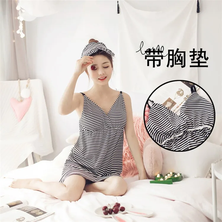 

2020 Summer Stripes Sexy Chest Pad Nightgown Cute Women's Hole-Bra Pad One-piece Underwear-Outer Wear
