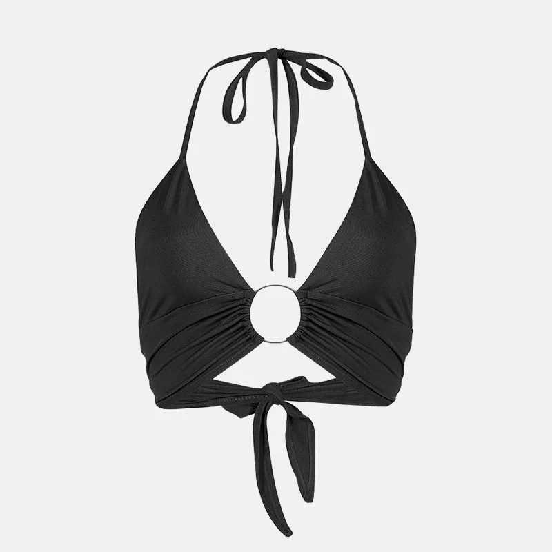Luipaard Gedrukt сексуальный короткий топ с бретелькой через шею Vrouwen топики с открытой спиной повязки на шнуровке блестки металлическое кольцо безрукавка вечерние Клубные бюстье - Цвет: Black
