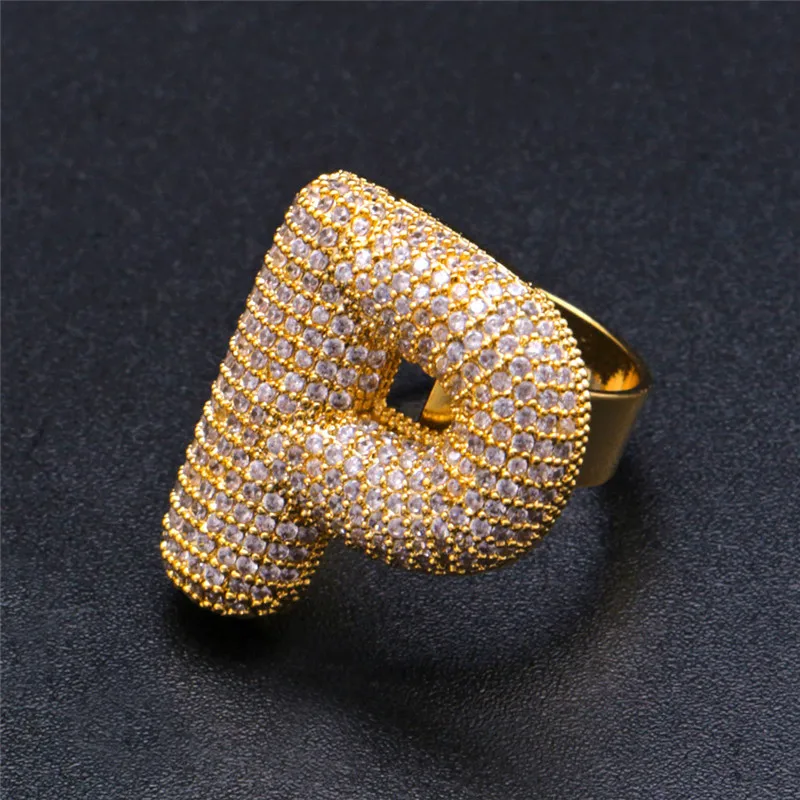 gold color P OMYFUN Hip-Hop Bling Ring A-Z Bubble Full CZ Iced Letter Rings Gold Silver Color Anillo Anel Male Accessory Bijoux Free Shipping - Цвет основного камня: gold color P