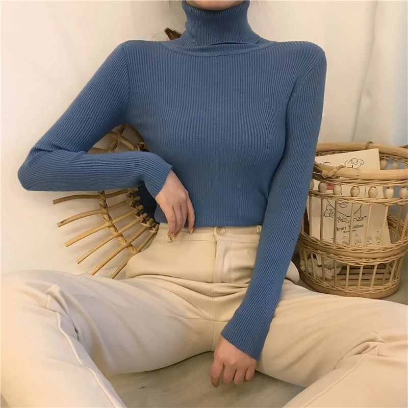 oversized sweaters Autumn Winter New Women Knitted Pullover Long Sleeve Ribbed Casual Slim Knit Sweater Female Turtlenck Solid Basic Kintwear Femme white sweater Sweaters