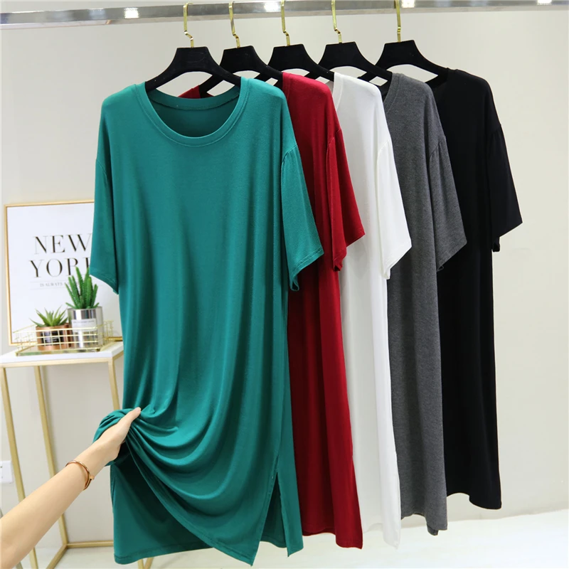 

Modal Cotton Solid T-Shirt Dress 2021 Summer Women Casual Loose O Neck Mini Dress Batwing Short Sleeve Basic Dresses Vestidos