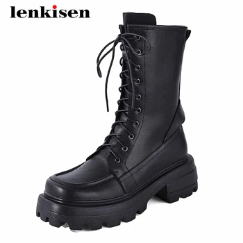

Lenkisen motorcycle boots natural leather cross-tied coolest thick high heel square toe zip personality punk mid-calf boots L22