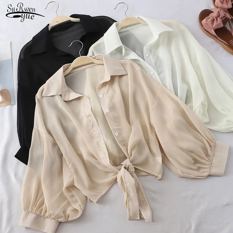2021 Summer Sunblouse Chiffon Shirts Women Half Sleeve Buttoned Up Shirt Loose Blouse