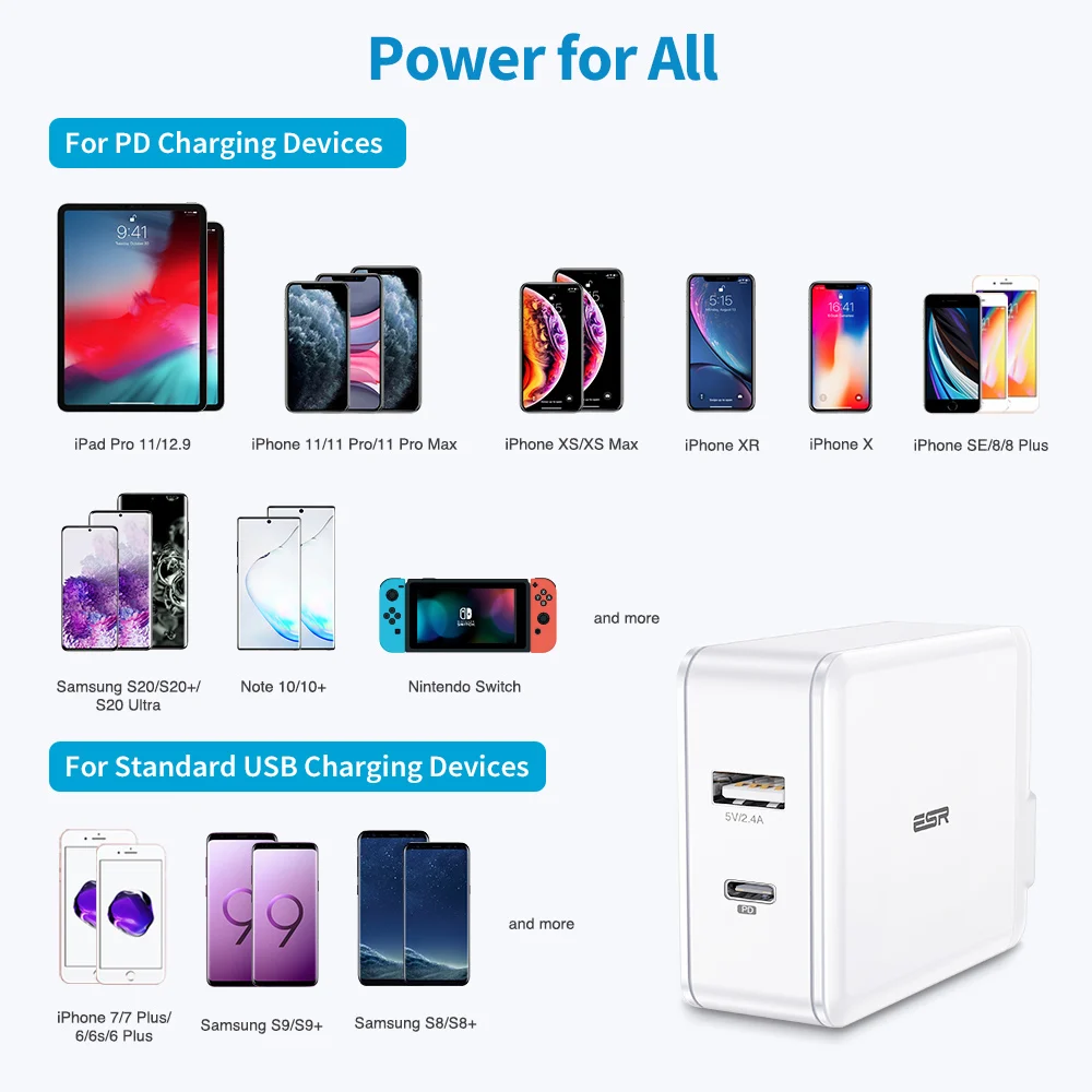 ESR 30W Power Delivery Charger Type C to Lightning Cable Fast Charger Plug USB C PD Charger 5V for MFi Charger for iPad iPhone