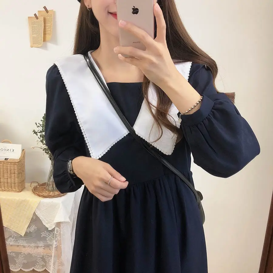 Осень-зима Базовые платья длинные милые девушки темно-синий консервативный стиль Корея японский дизайн ретро Vintege женское платье 8328