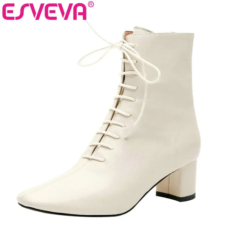 

ESVEVA 2020 Women Shoes Winter Ankle Boots Western Pointed Toe Leather+PU Square Low Heel Motorcycle Boot Size 34-42