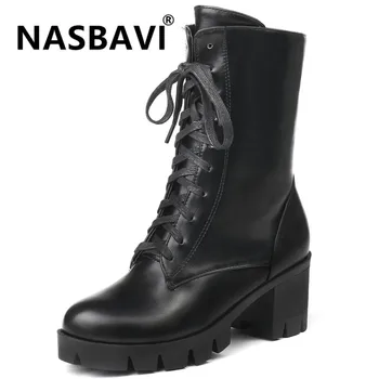 

NASBAVI 2019 New Lace up thick Platform Women's Boots zipper High Heel Martin Boots Women Black Goth Boots Ankle Boots for Women