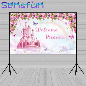 

Photography Background Castle Backdrop for Girl Birthday Pink Flowers Princess Baby Shower Fantasy Party Banner Photo Studio