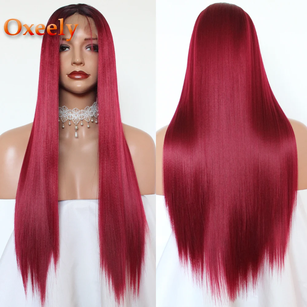 

Oxeely Long Straight Hair Red Color Lace Wigs 180 Density Heat Resistant Glueless Synthetic Lace Front Wigs for Fashion Women