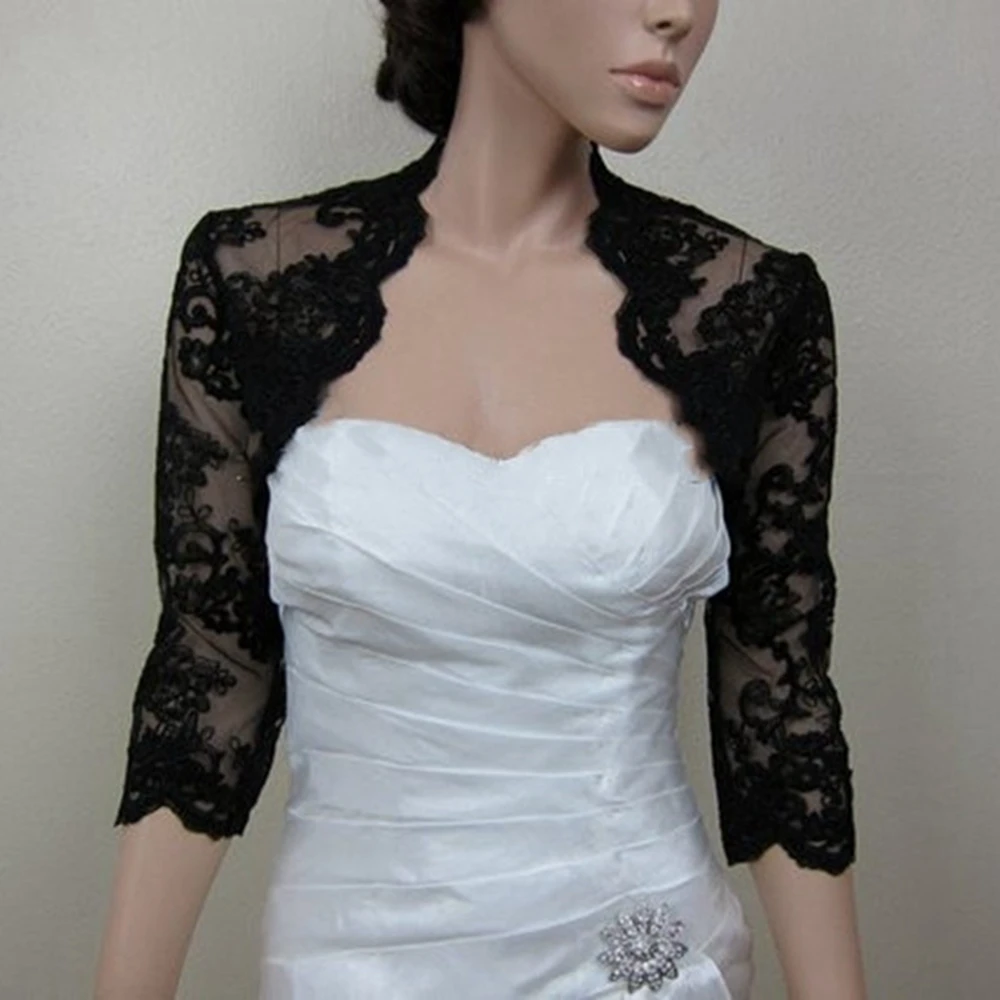 Elegant Lace Women Bolero Three quarter Sleeves Wraps Elegant Black Jackets Evening Party Capes Wedding Bridal shawls Cusom Made