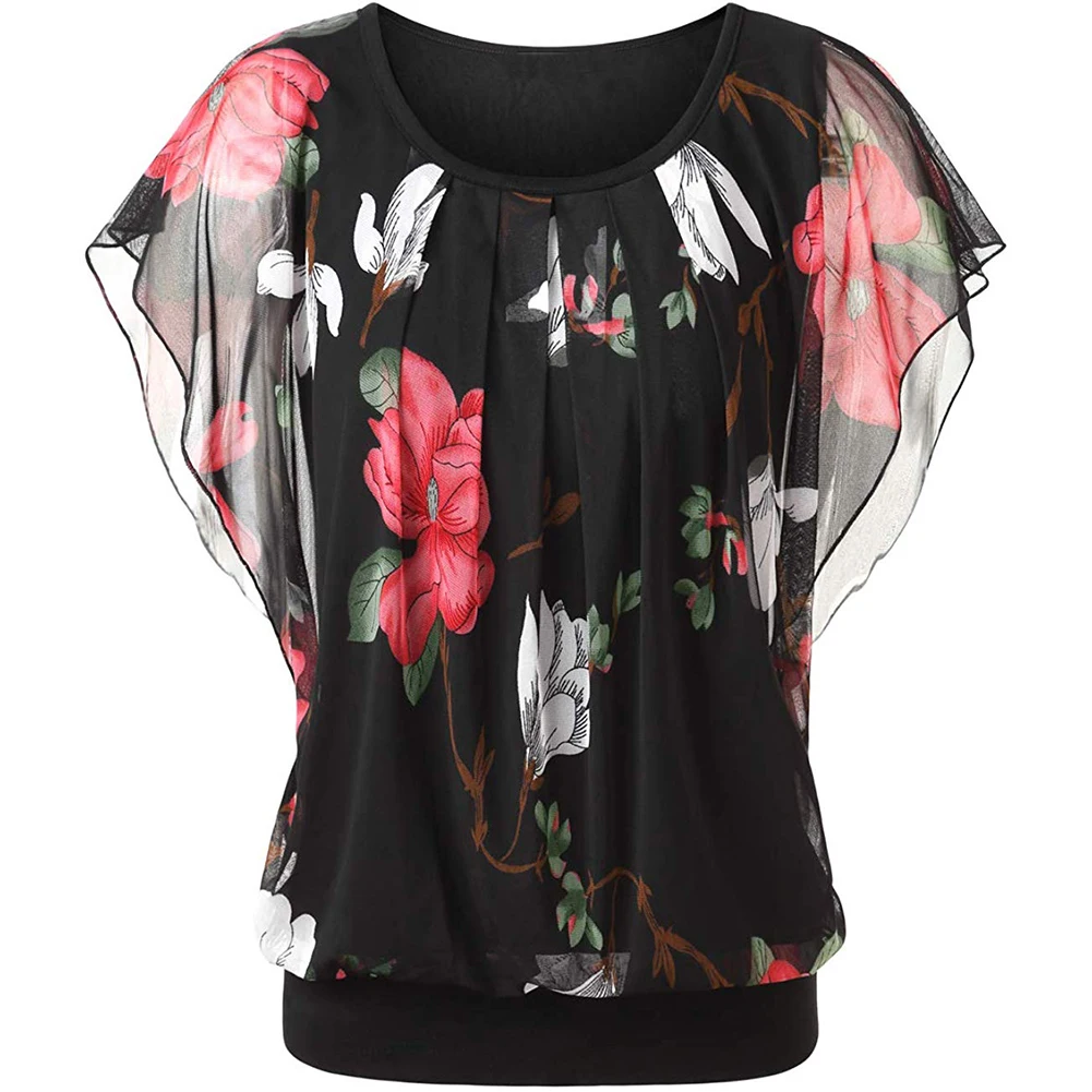 Plus Size Women Girls Ladies Summer blouse Short Batwing Sleeve O Neck Stylish Floral Print Loose Tunic shirts Casual Street Top womens shirts and blouses