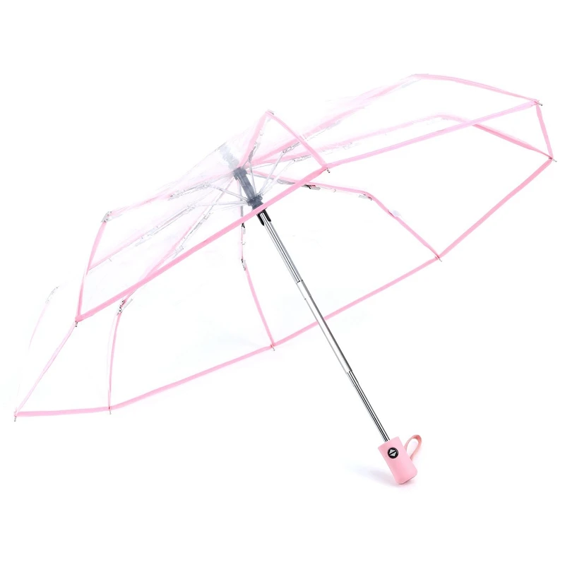 EASY-Transparent Umbrella Automatic Umbrella Rain Women Men Sun Rain Auto Umbrella Compact Folding Windproof Style Clear umbrell - Цвет: Pink