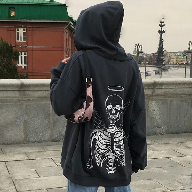 Gothic Zip up Hoodie Y2k Women's Harajuku Grunge Graphic Skull Print