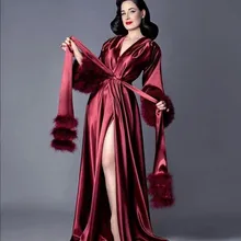 Бордовый халат для женщин перо полная длина белье Ночная рубашка пижамы женские Роскошные платья домашняя одежда ночное белье