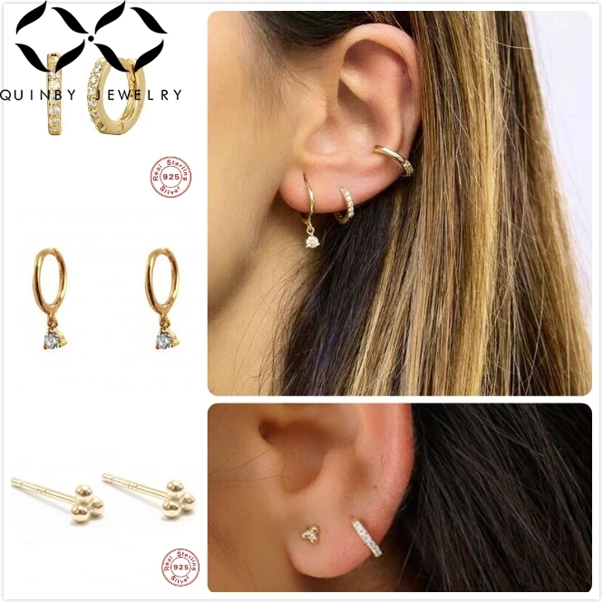 

Quinby 925 Sterling Silver Earrings For Women Gold Small Hoop Ear Bone Pirecing Earrings Punk Girl Nose Ring Zircon aretes Q5