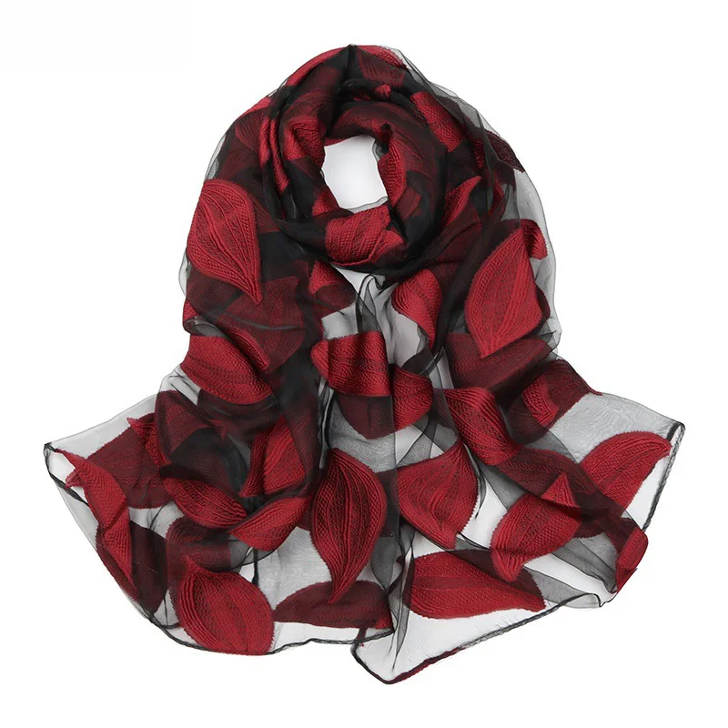 wine red Универсальные вышитые цветочные шарфы женские роскошные шелковистые хиджаб длинный шарф из органзы хиджаб модные солнцезащитные платки шарфы - Цвет: wine red