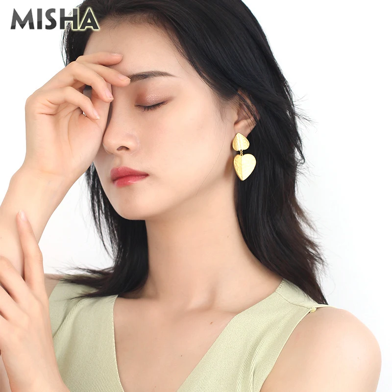 MISHA, новинка, модные серьги-гвоздики для женщин, Золотое сердце, дизайн, милые серьги, ручная работа, качественное ювелирное изделие, подарок для девушек