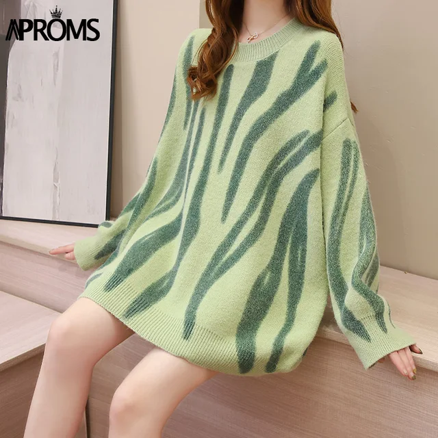 Aproms Elegant Green Striped Print Oversized Pullovers Women Winter O-Neck Loose Long Sweaters Streetwear Warm Outerwear 2021 New Green