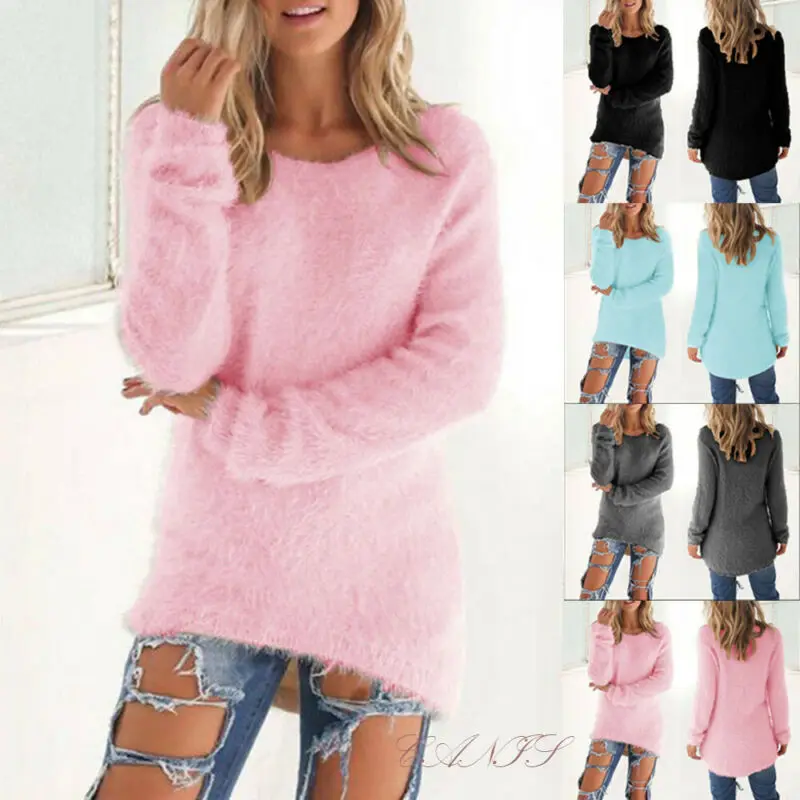 Suéteres de otoño e invierno para mujer, jersey de manga larga con cuello redondo, suéteres esponjosos de moda para mujer, jerséis irregulares, Tops de fondo con dobladillo