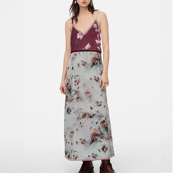 

Vintage Women Chiffon Dress Summer 2020 New Fashion Patchwork Modern Lady Spaghetti Strap Long Dresses