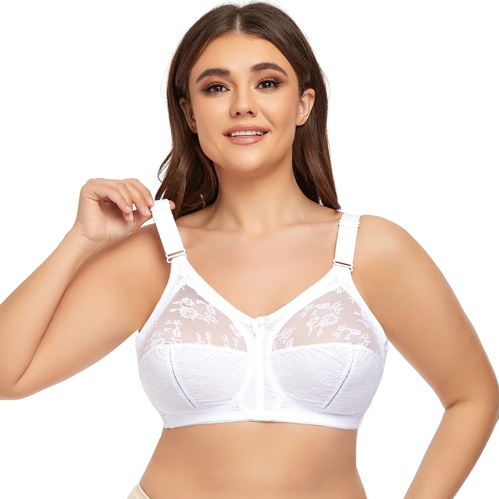 Women Bra Unlined White Plus Size Lace Bra Full Coverage Ultra Thin Wireless Adjusted-straps Big Minimizer Bras D E F G H I