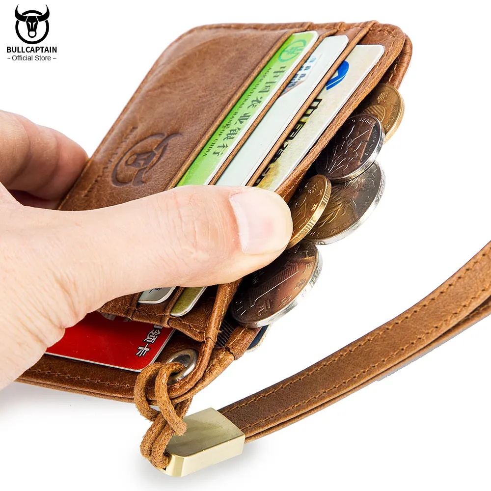 BULLCAPTAIN Genuine Leather Business Credit Card Holder mini RFID Card protection Unisex ID Holders CARDS WALLET WITH WRIST