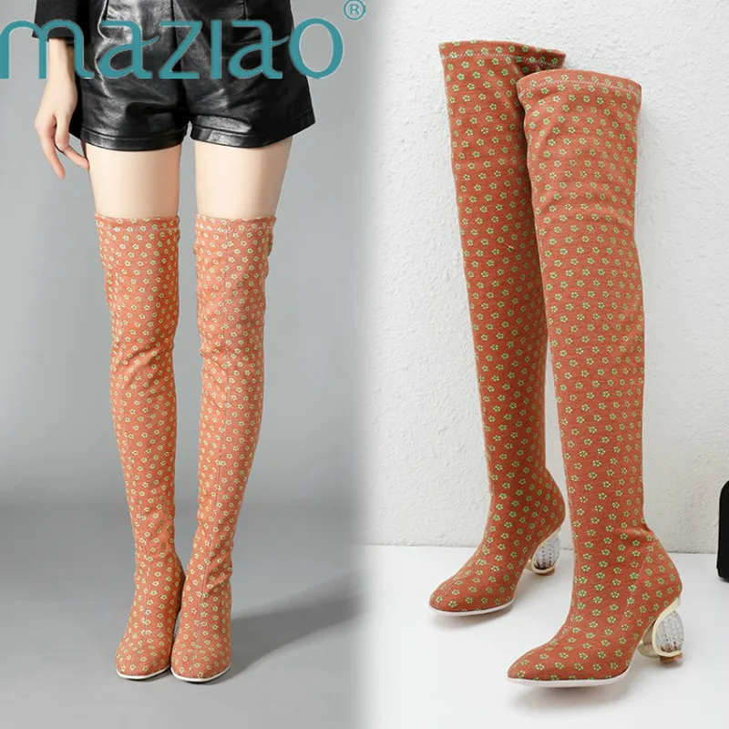 

Female Autumn Winter Thigh High Boots Stretch Fabric Polka Dot Clear Strange Heels Over The Knee Botas Boots Woman 2019 MAZIAO