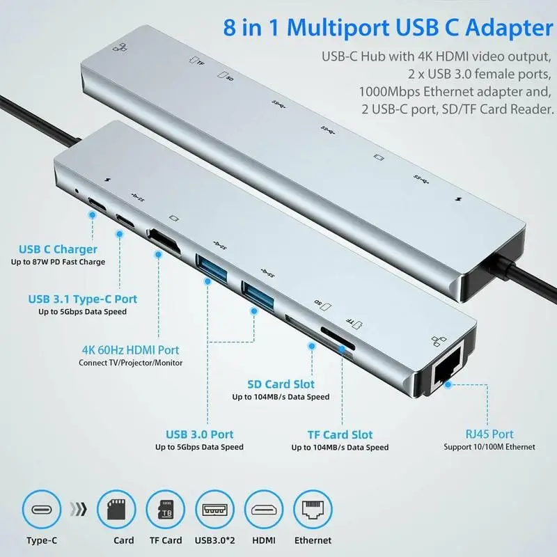 8 в 1 многопортовый USB C адаптер кард-ридер высокая Ethernet концентратор адаптер 3,0 с USB питания D1W9