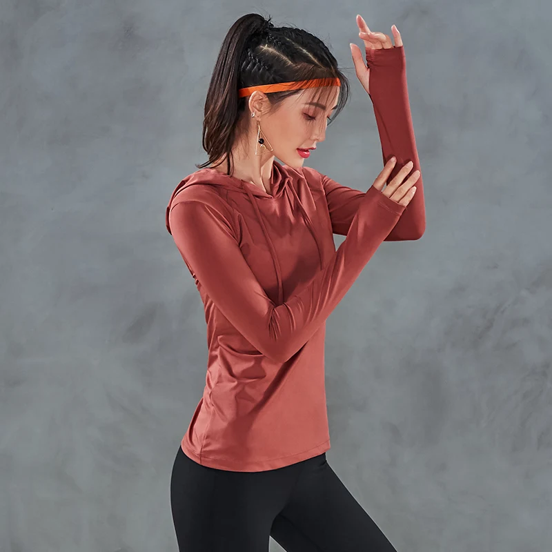 Sports Sweatshirt Women Hooded Drawstring Yoga Top Workout Running Sweater Jacket Long Sleeve Thumb Hole Fitness Gym Sportswear